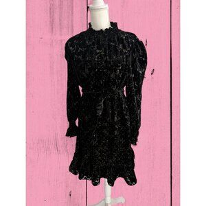 DIANE VON FURSTENBERG Black Velvet Floral Puff Sleeve Belted Dress Size Small